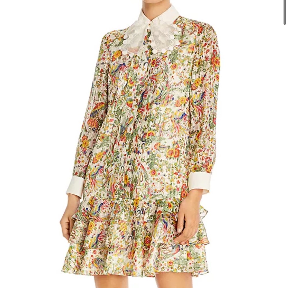 Tory Burch Tiered Floral Silk Metallic Chiffon Dress